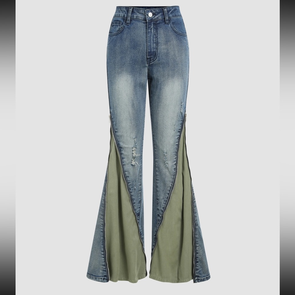 NWT High Waist Zipper Jeans Green Detail